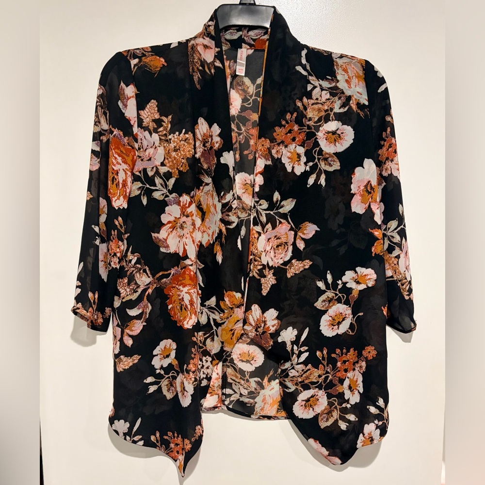 Black and Pink Floral Sheer Cardigan Kimono Cover-up Blouse